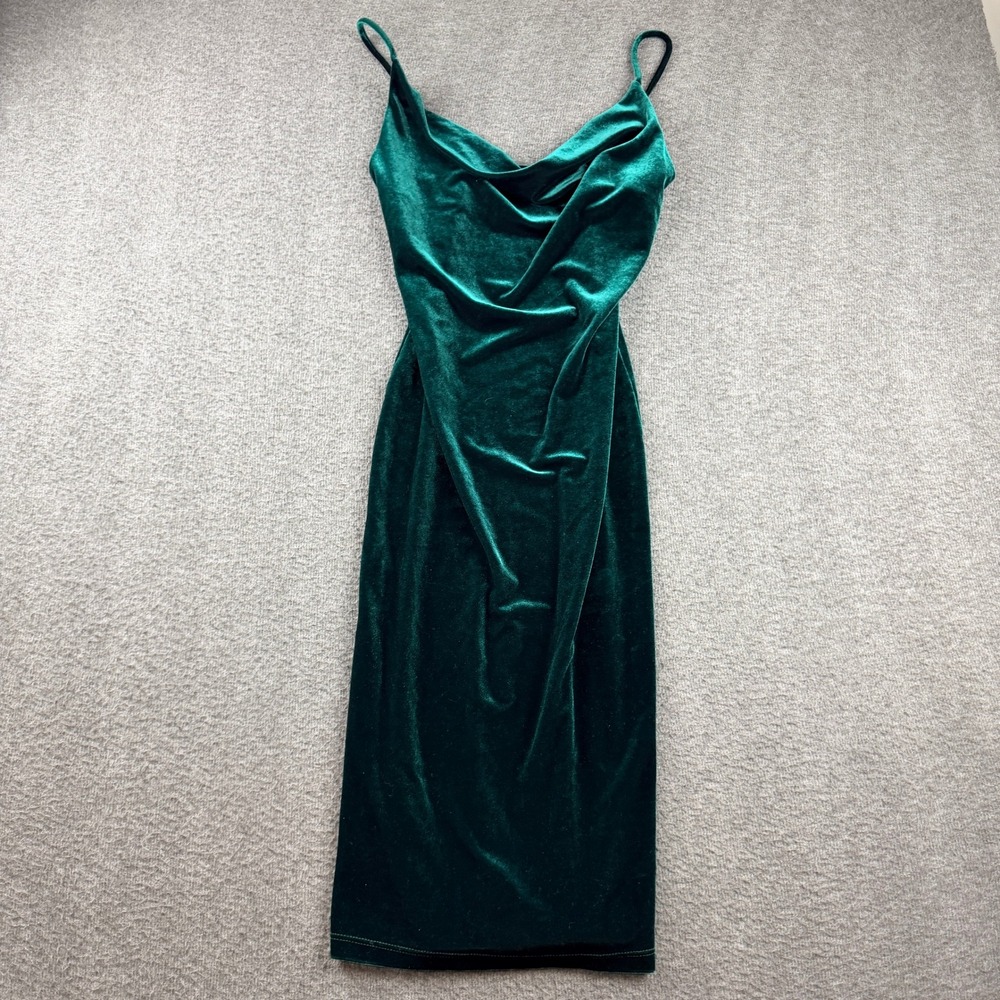 Lovely Day Women's S Emerald Velvet Midi Dress Spaghetti Strap Cowl Neck Bodycon